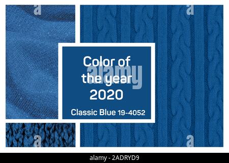 Blau Textil Texturen Collage. Farbe des Jahres 2020 text Stockfoto