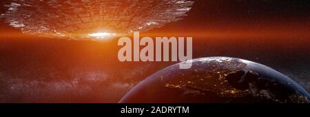 Außerirdisches Raumschiff, UFO in der Umlaufbahn des Planeten Erde Stockfoto