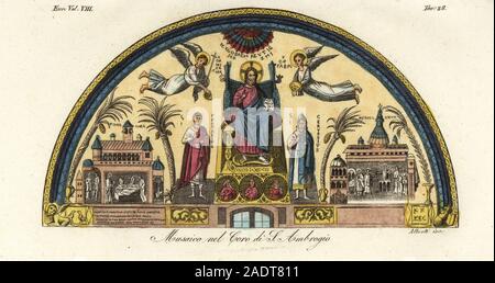 Mosaik von Christus Pantokrator in der Chor der Basilika Sant' Ambrogio, Mailand, 4. Musaico nel Coro di S. Ambrogio. Papierkörbe Kupferstich von Alberti von Giulio Ferrario's Kostüme Antike und Moderne der Völker der Welt, Il Kostüm Antico e Moderno, Florenz, 1844. Stockfoto