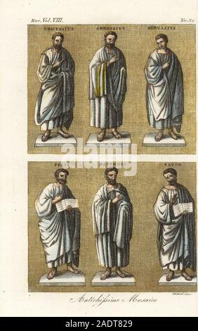 Alte Mauer Mosaiken mit Portraits von Heiligen und Märtyrern. Heiligen Gervasius und Protasius, Ambrosius (oben), heiligen Maternus, Felix und Nabor (unten). San Vittore Kapelle im Golden Sky, Mailand, 5. Jahrhundert. Antichissimo Musaico. Papierkörbe Kupferstich von Giarre von Giulio Ferrario's Kostüme Antike und Moderne der Völker der Welt, Il Kostüm Antico e Moderno, Florenz, 1844. Stockfoto