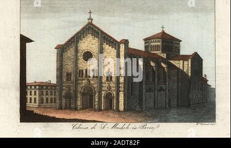 Blick auf die Basilika von San Michele Maggiore, Pavia, 1800. Chiesa di S. Michele in Pavia. Papierkörbe Kupferstich von Pietro Ragusa von Giulio Ferrario's Kostüme Antike und Moderne der Völker der Welt, Il Kostüm Antico e Moderno, Florenz, 1844. Stockfoto