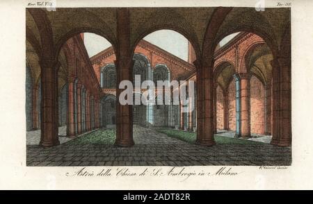 Atrium der Basilica di Sant'Ambrogio, Mailand, 1800. Der hl. Ambrosius im 4. Jahrhundert gebaut. Die romanische Architektur. Atrio della Chiesa di S. Ambrogio in Mailand. Papierkörbe Kupferstich von Pietro Ragusa von Giulio Ferrario's Kostüme Antike und Moderne der Völker der Welt, Il Kostüm Antico e Moderno, Florenz, 1844. Stockfoto