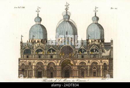 Fassade von der Basilika San Marco, Venedig, 1823. Facciata di S. Marco in Venedig. Nach Seroux d'Agincourt Architektur, 1823. Papierkörbe Kupferstich von Alberti von Giulio Ferrario's Kostüme Antike und Moderne der Völker der Welt, Il Kostüm Antico e Moderno, Florenz, 1844. Stockfoto