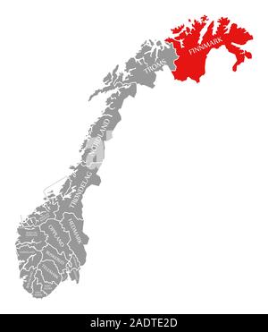 Finnmark in Rot hervorgehoben Karte von Norwegen Stockfoto