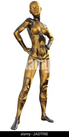 Golden metallische Android weiblichen Futuristische künstliche Intelligenz 3D-Darstellung verwendet Stockfoto