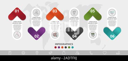 Vektor Infografik Vorlage. Sechs Pfeile mit Symbole und Beschriftungen. Business Konzept für Diagramme, Flussdiagramm, Grafik, Marketing, Präsentation, Schritt für Schritt Stock Vektor