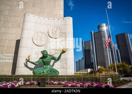 Der Geist von Detroit, Iconic 26-ft.-hohe Bronzestatue am Coleman A. Junge städtische Zentrum, von Marshall Fredericks, Detroit, Michigan, USA Stockfoto