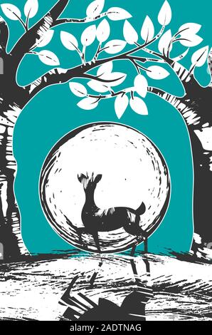 Silhouette eines Hirsches stehen vor einem großen Vollmond. Stock Vektor