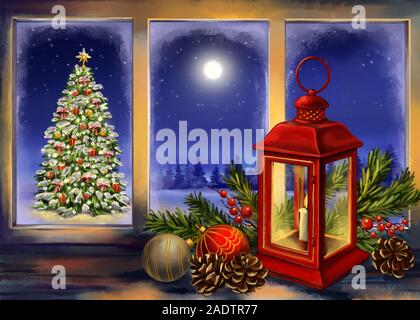 Heiligabend, rot vintage Laterne mit einer brennenden Kerze mit Weihnachten Spielzeug auf Holz Textur Hintergrund. Dekorative Christmas Ornament, Kunst illustrati Stockfoto