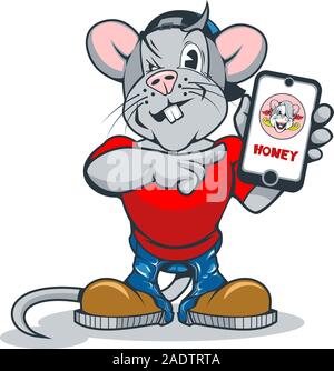 Lustige cartoon Ratte mit einem Telefon in der Hand zeigen mit dem Finger auf ihn Stock Vektor