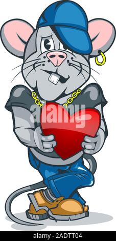Cartoon Ratte mit einem Herz in der Hand in der stilvollen Kleidung Stock Vektor