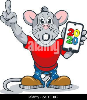 Eine Ratte mit einem überraschten Gesicht und ein Smartphone in der Hand, die ein Zeichen der Aufmerksamkeit Stock Vektor