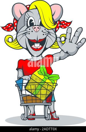 Gerne blonde Ratte mit Trolley von Geschenken begrüßt uns Stock Vektor