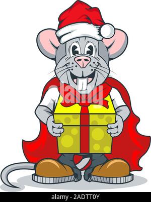 Lustige Ratte Charakter in Santa Claus Kleidung und mit einem Geschenk in Pfoten Stock Vektor
