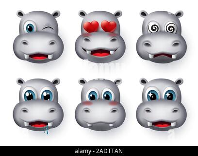 Hippopotamus emojis und emoticon Vektor einrichten. Hippo emoticons Tier avatar Gesicht mit in Liebe, dizzy, hungrig, aufgeregt, niedlich und erröten Charakter. Stock Vektor