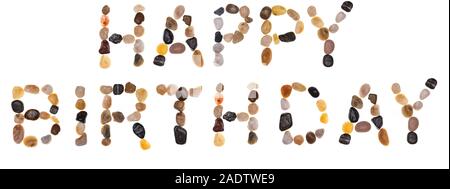 Worte zum Geburtstag handgemacht mit Steine (findlinge). Sammlung Wörter mit Steinen. Auf weissem Hintergrund. Stockfoto