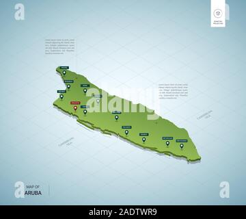 Stilisierte Karte von Aruba. Isometrische 3D-grüne Karte mit Städten, Ländergrenzen, Hauptstadt Oranjestad, Regionen. Vector Illustration. Bearbeitbare Layer deutlich gekennzeichnet. Stock Vektor