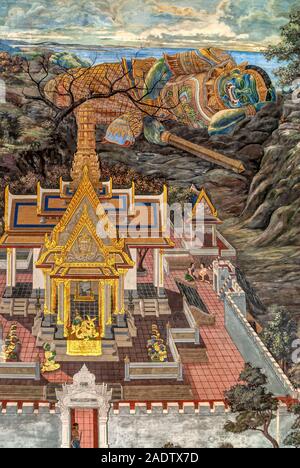 Ramkien buddhistische Wandgemälde im Wat Phra Keo, Grand Palace, Bangkok, Thailand Stockfoto
