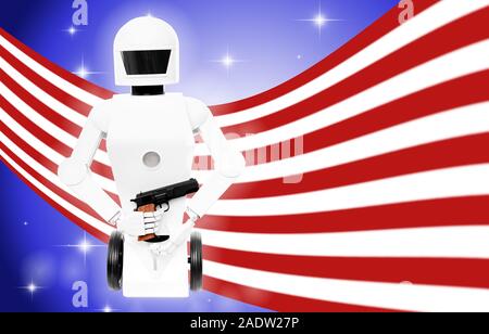 Krieg der Roboter mit der Waffe vor den Vereinigten Staaten von Amerika Flagge Stockfoto