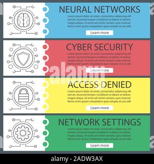 Digitale Schablonen für Deckblätter festlegen. Cyber Security. Neuronale Netze, Schutz, Schirm, Lock, Einstellungen. Website Menüpunkte mit linearen Symbolen. Farbe web Verbot Stock Vektor