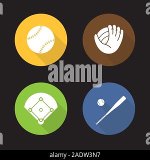Baseball flache Bauweise lange Schatten Symbole gesetzt. Schläger und Ball, Mitt, Feld. Softball Equipment. Vektor silhouette Abbildung Stock Vektor
