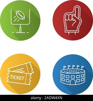American football Flachbild lineare lange Schatten Symbole gesetzt. Schaum finger, Spielkarten, Baseball Arena, Ziel unterzeichnen. Vektor linie Abbildung Stock Vektor