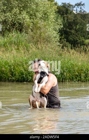 Mann, der in einen See und seinem jungen Hund, Gehorsam und Trainee Holding mit Wasser Stockfoto