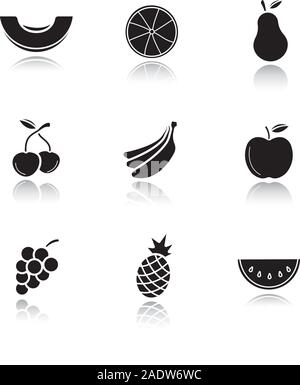 Obst Schatten schwarze Symbole gesetzt. Melone in Scheiben schneiden, Orange, Birne, zwei Kirschen, Bananen Bundle, Traube, Apfel, Ananas, Wassermelone. Isolierte ve Stock Vektor