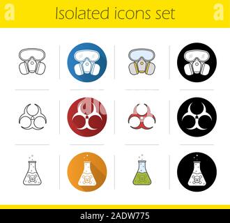 Chemische Industrie Symbole gesetzt. Flache Bauweise, linear, Schwarz und Farbe. Gasmaske, kochen Gift Flüssigkeit, biohazard Gefahrensymbol. Isolierte Vektor il Stock Vektor