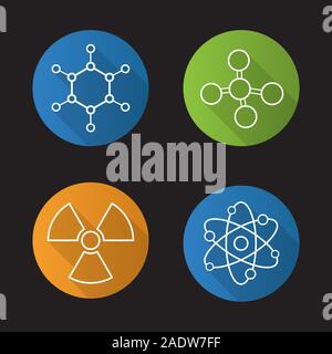 Chemie und Physik. Flache lineare lange Schatten Symbole gesetzt. Atom, Molekül und radioaktiver Vorsicht Symbole. Strahlung unterzeichnen. Vektor linie Abbildung Stock Vektor