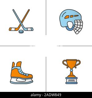 Hockey Equipment Color Symbole gesetzt. Helm, Eislaufen, Stöcke, Auszeichnung der Sieger. Isolierte Vektorgrafiken Stock Vektor