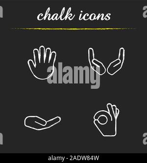 Handgesten chalk Symbole gesetzt. Betteln und hohlen Hände, Palm, ok Geste. Isolierte vektor Tafel Abbildungen Stock Vektor