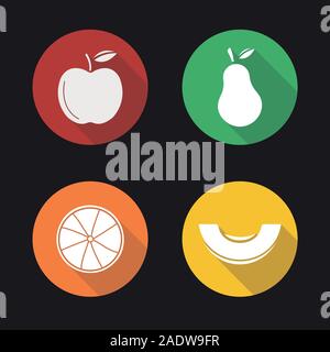Obst flache Bauweise lange Schatten Symbole gesetzt. Apfel, Birne, Orange, Melone in Scheiben schneiden. Vektor silhouette Abbildung Stock Vektor