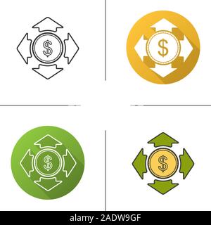 Geld Symbol. Flache Bauweise, lineare und Farbe Stile. Dollar Münze mit allen Richtungspfeile. Isolierte Vektorgrafiken Stock Vektor