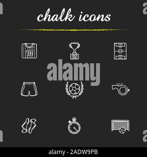 Fußball chalk Symbole gesetzt. Fußball-T-Shirt, Schuhe und Hosen, Feld, Pfeifen, Stoppuhr, Tor, Ball im Lorbeerkranz, Gold Cup Sieger. Isolierte Vektor Stock Vektor