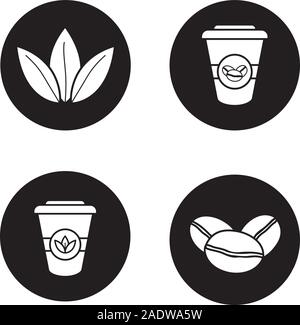 Tee und Kaffee Symbole gesetzt. Geröstete Kaffeebohnen, Tee Blätter und Einweg-pappbecher. Vektor weisse Silhouetten Abbildungen in schwarzen Kreisen Stock Vektor