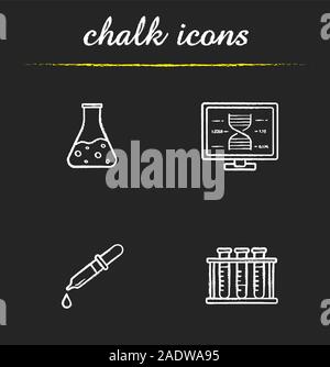 Science Laboratory chalk Symbole gesetzt. Dna-Forschung, Becher mit Flüssigkeit, medizinische Dropper, Reagenzgläser Rack. Isolierte vektor Tafel Abbildungen Stock Vektor