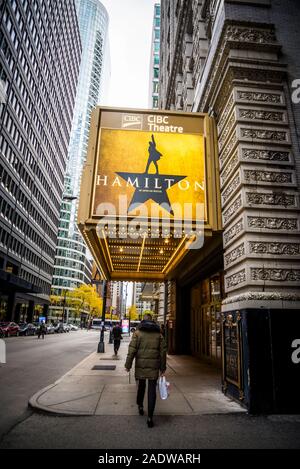 Musikalische Hamilton spielen bei CIBC Theater, früher Majestic Theater, West Monroe Street, der Loop, Chicago, Illinois, USA Stockfoto