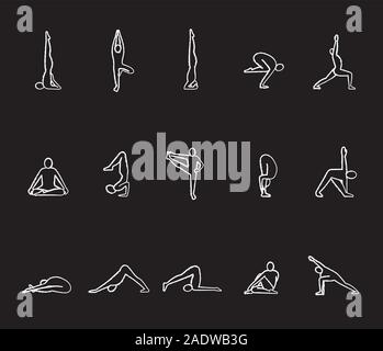 Yoga Asanas chalk Symbole gesetzt. Sarvangasana, halasana, bakasana, uttanasana, siddhasana, vrikshasana, vrishchikasana Yoga Positionen. Isolierte vektor Cha Stock Vektor