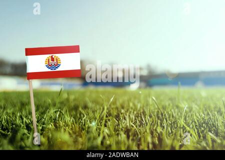 Miniatur stick Französisch-polynesien Flagge auf grünem Gras, sonnigen Gebiet. Stadion Hintergrund, kopieren Platz für Text. Stockfoto