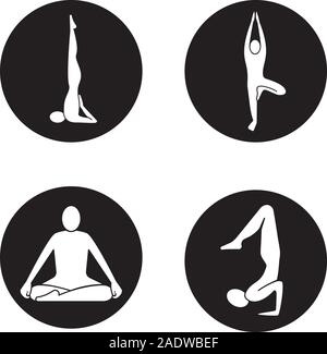 Yoga Asanas Symbole gesetzt. Sarvangasana, vrikshasana, siddhasana, vrishchikasana Yoga Positionen. Vektor weisse Silhouetten Abbildungen in schwarzen Kreisen Stock Vektor