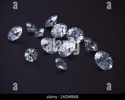 Diamanten, close-up auf einem dunklen Hintergrund. 3D-Rendering. Stockfoto