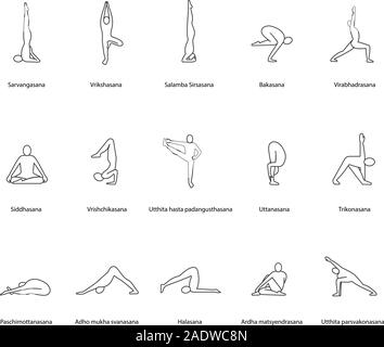 Yogastellungen lineare Symbole gesetzt. Sarvangasana, halasana, bakasana, uttanasana, siddhasana, vrikshasana, trikonasana, virabhadrasana. Thin Line Kontur sym Stock Vektor