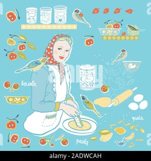 Retro gemütliche Küchenutensil vector Abbildung: gesetzt. Icon Set. Bunte vintage Küchenutensil Volkskunst Stil auf blauem Hintergrund. Fabric, Tapeten, Verpackung, drucken. Hipster vintage Küche Design. Stock Vektor