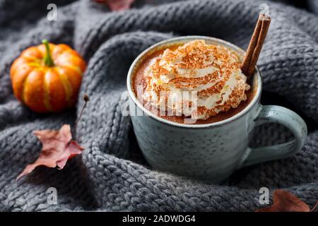 Kürbis Latte mit Gewürzen. Versoffenes Cocktail mit Schlagsahne. Grau gestrickt Hintergrund. Close Up. Stockfoto