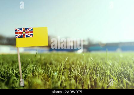 Miniatur stick Niue Flagge auf grünem Gras, sonnigen Gebiet. Stadion Hintergrund, kopieren Platz für Text. Stockfoto