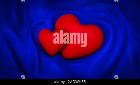 Schönen blauen Hintergrund mit Falten aus Stoff und Herzen. 3D-Rendering, 3D-Darstellung. Stockfoto