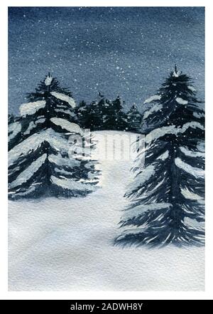 Winterlandschaft mit immergrünen Bäumen und Schnee, Aquarell Winter Forest Szene Stockfoto