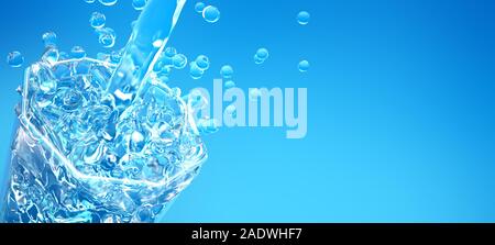 Schönen blauen Hintergrund mit einem Schuss Mineralwasser in einem Glas. 3D-Rendering, 3D-Darstellung. Stockfoto