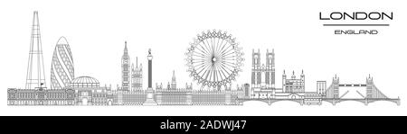 Vektor Panoramablick line Art Abbildung: Wahrzeichen von London, England. London City Skyline Vector Illustration auf weißem Hintergrund. London v Stock Vektor